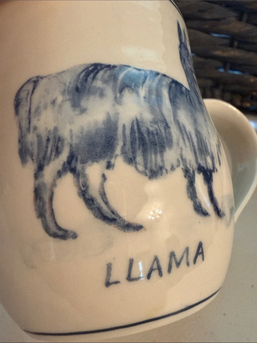 Anthropologie Molly Hatch Cream Ceramic Llama Coffee Mug with Blue Illustration